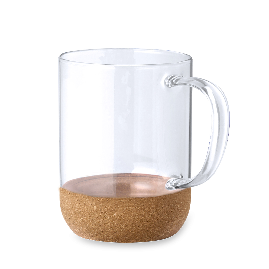Taza de cristal personalizada Saryne de borosilicato de 450ml con corcho