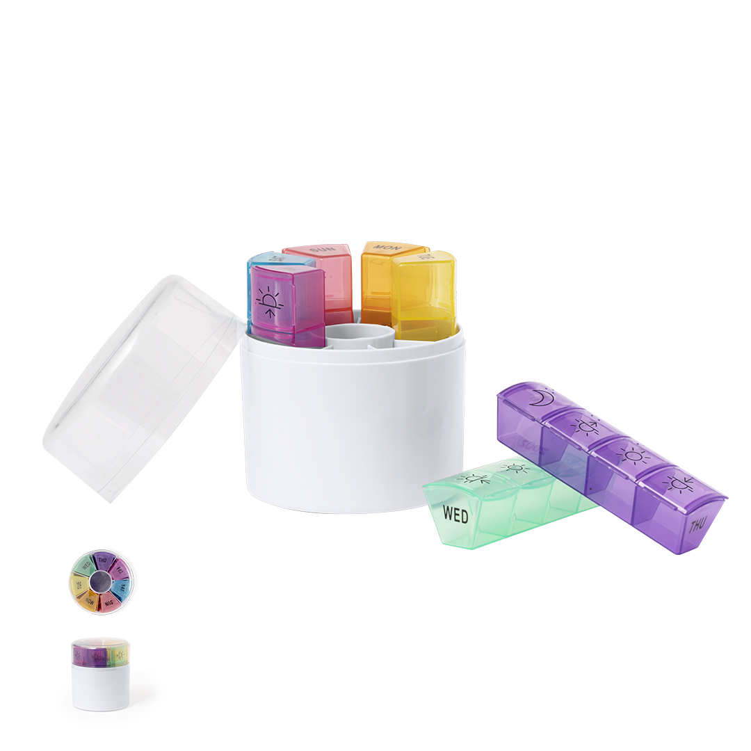 Pastillero semanal personalizado Ablix compacto cilíndrico - Pastilleros personalizados - Regalo Promocional Personalizado
