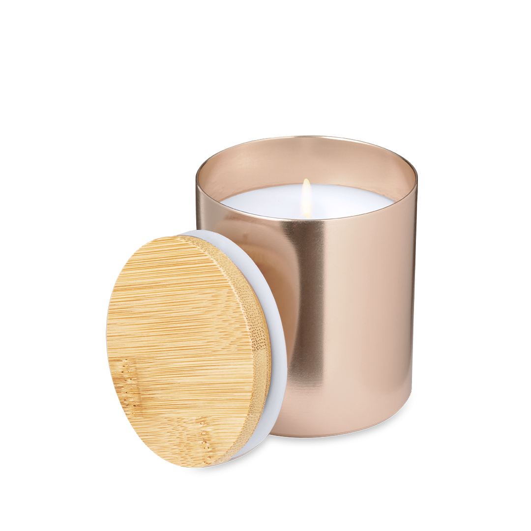 Vela aromática personalizada Rudyn de metal con tapadera bambú - Velas personalizadas - Regalo Promocional Personalizado