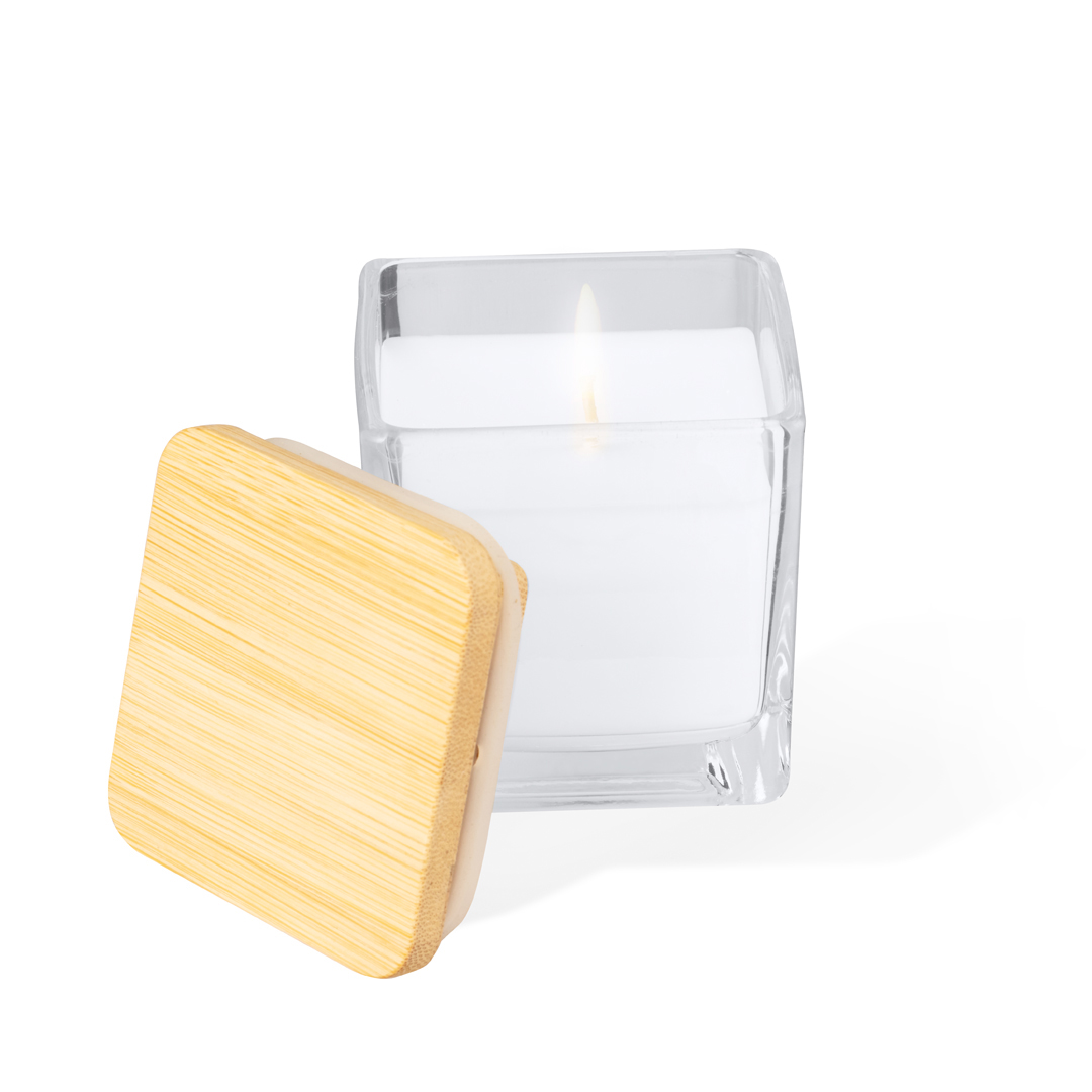 Vela aromática personalizada Safron de cristal cuadrada con tapadera bambú