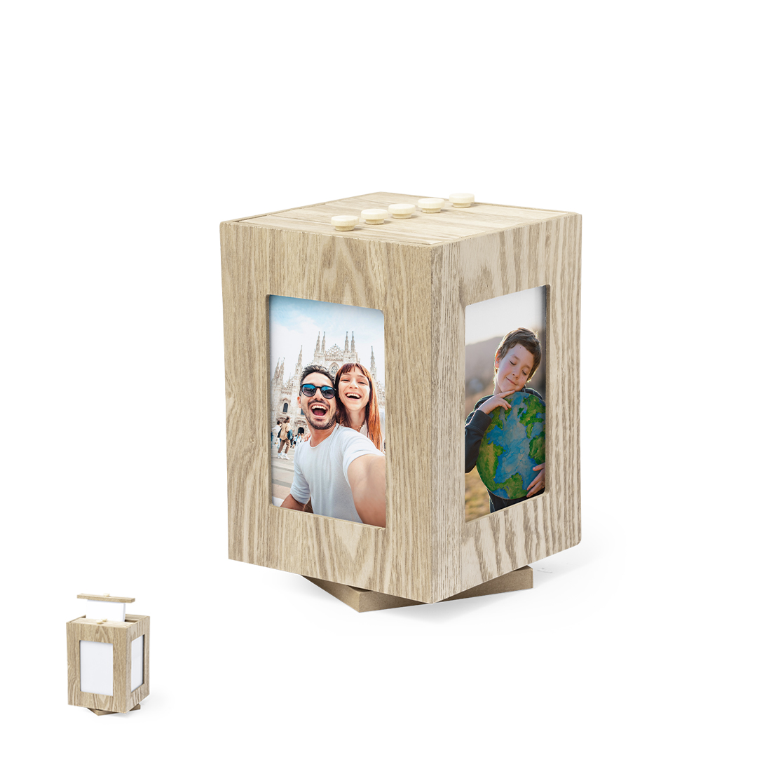 Portafotos cubo personalizado Vesper de madera natural con base giratoria - Hogar - Regalo Promocional Personalizado