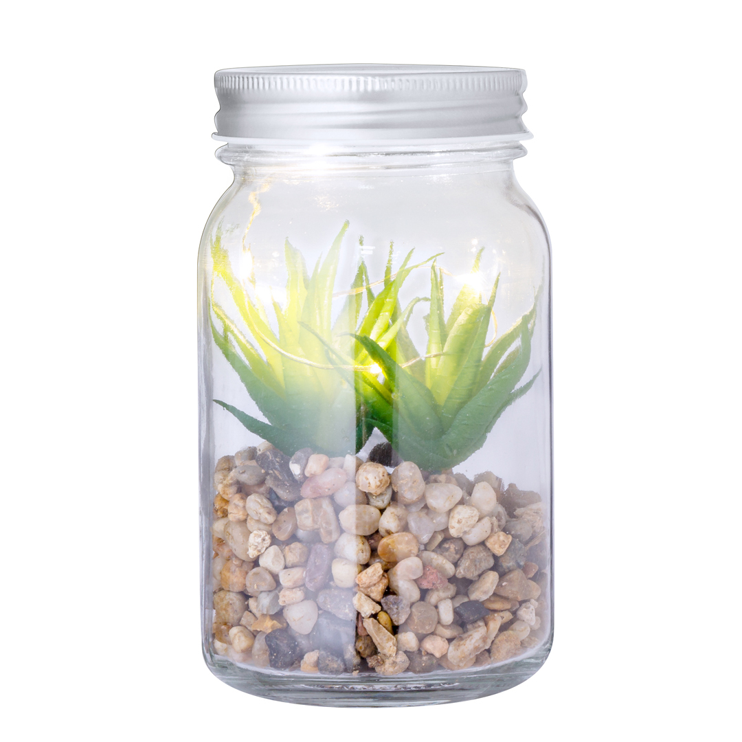 Planta decorativa personalizada Kyala con iluminación LED en tarro borosilicato