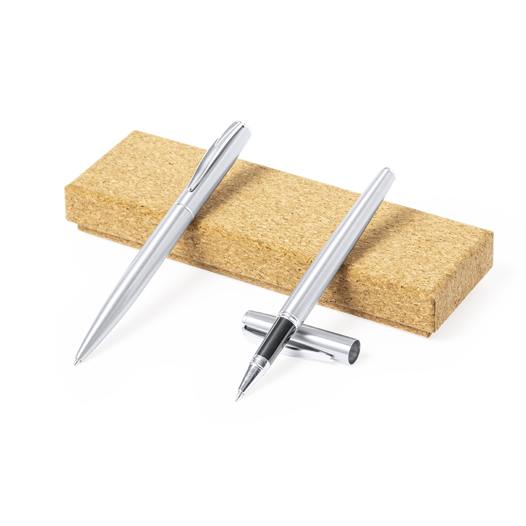 Set con bolígrafo y roller personalizado Rodrix de acero inox reciclado