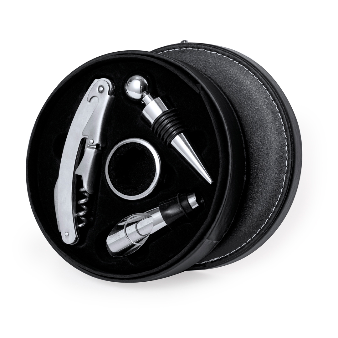 Set de vinos personalizado Albion circular de polipiel con accesorios de acero