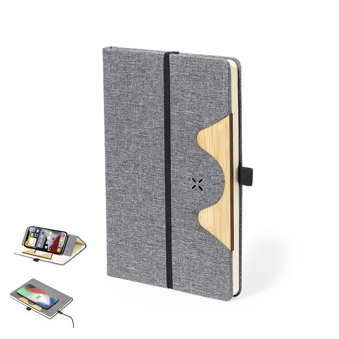 Bloc cargador personalizado Dalou A5 en RPET con bambú y cargador inalámbrico 15W - Tecnología - Regalo Promocional Personalizado