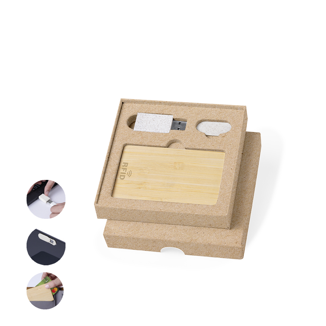 Set de seguridad personalizado Andigo con protección RFID de bambú y caña de trigo - Packs de regalo personalizado - Regalo Promocional Personalizado
