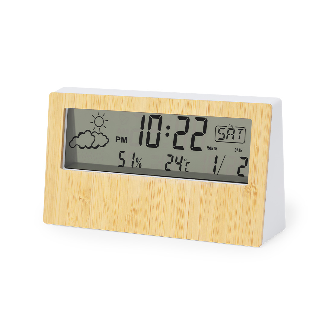 Estación meteorológica personalizada Roamer de bambú con alarma - Tecnología - Regalo Promocional Personalizado