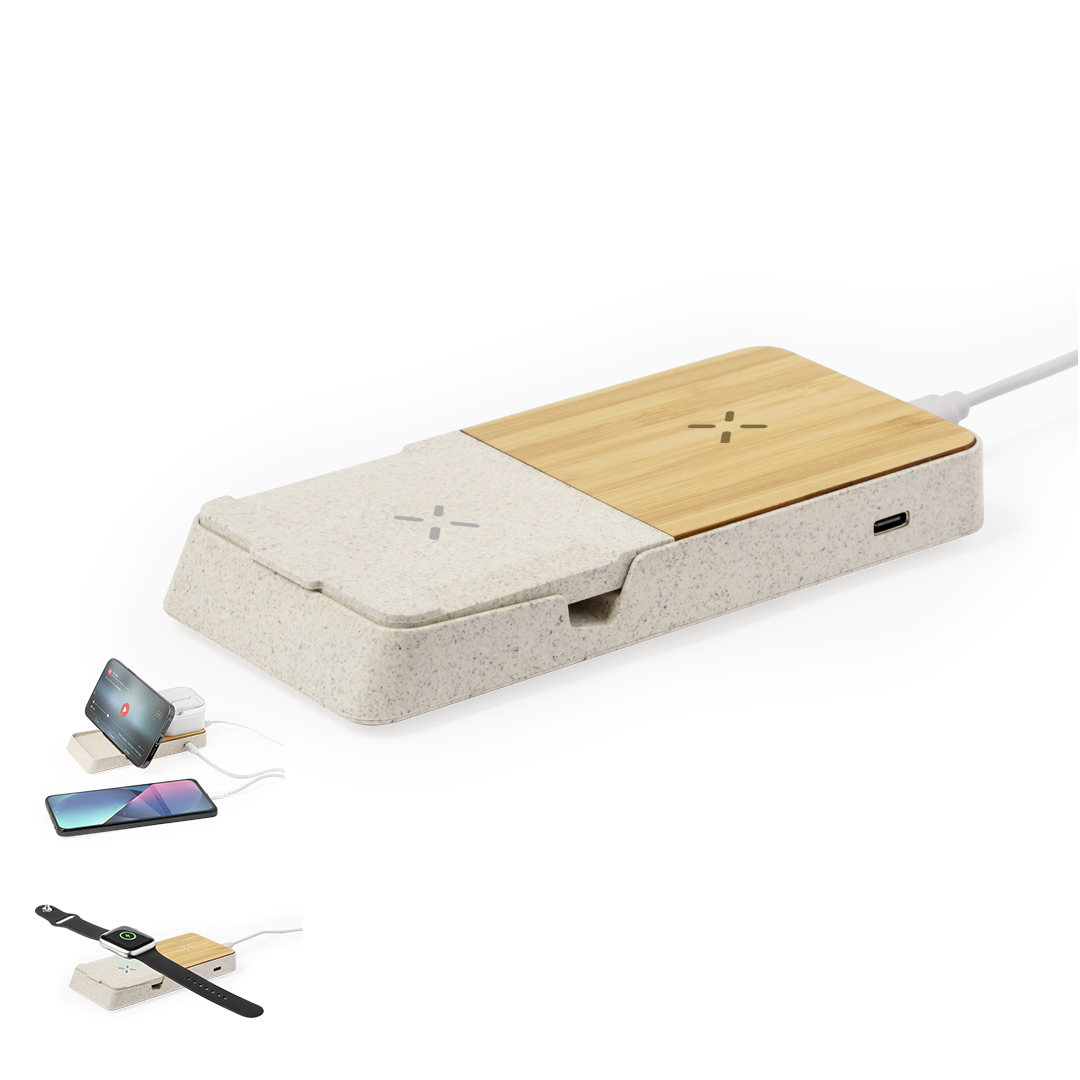 Cargador personalizado Barichen inalámbrico 15W de caña de trigo y bambú - Tecnología - Regalo Promocional Personalizado