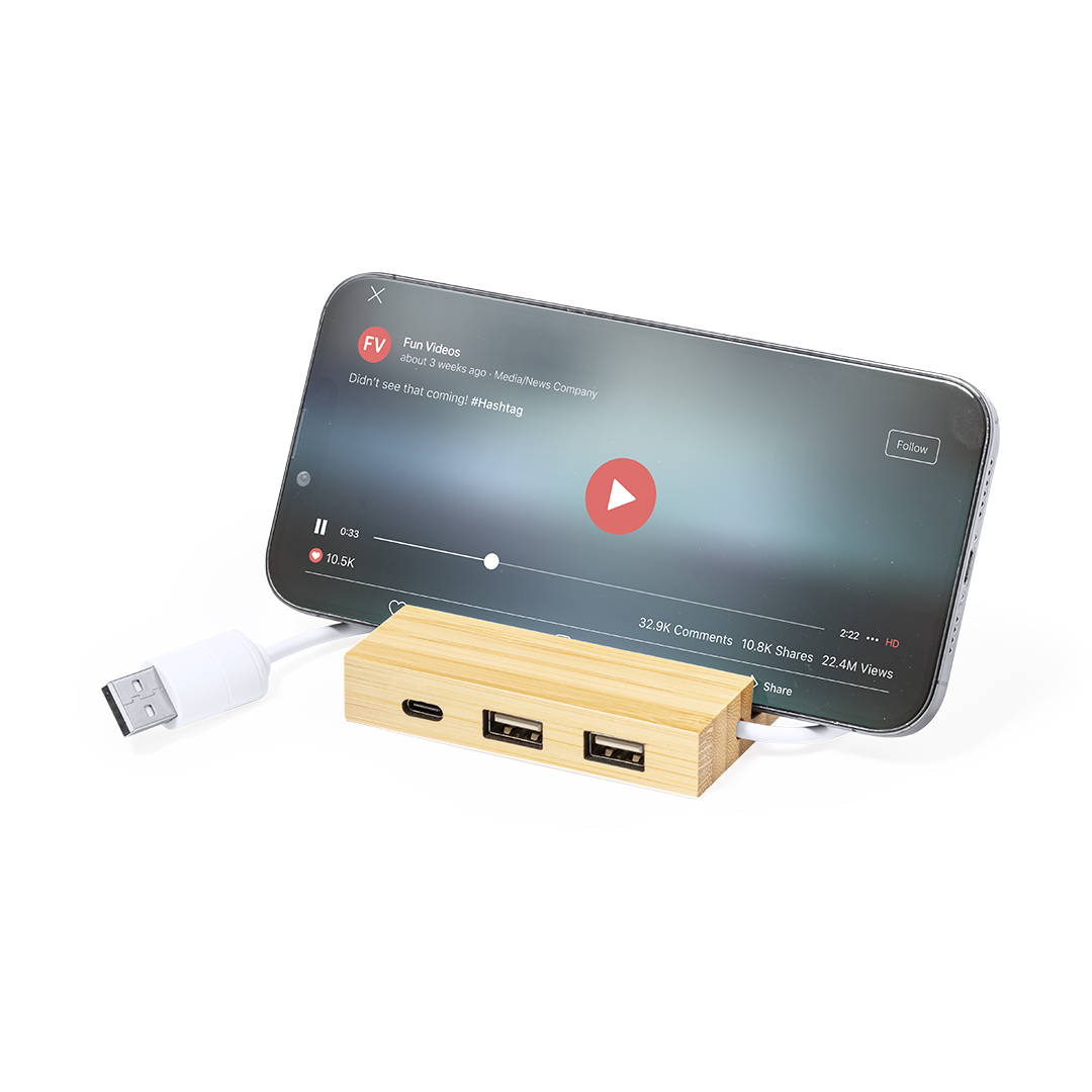 Puerto USB personalizado Cirzo de bambú con soporte smartphone
