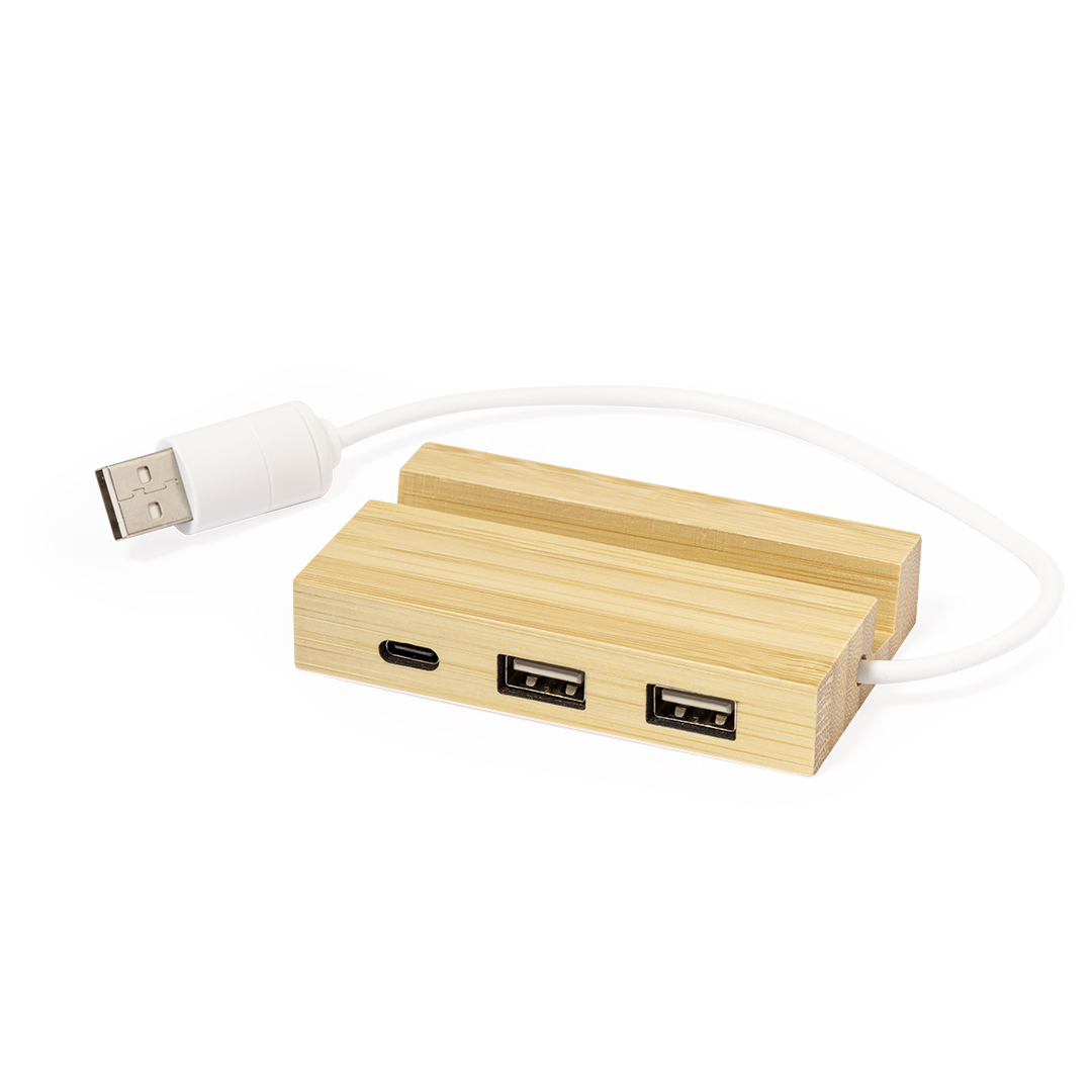 Puerto USB personalizado Cirzo de bambú con soporte smartphone - Tecnología - Regalo Promocional Personalizado