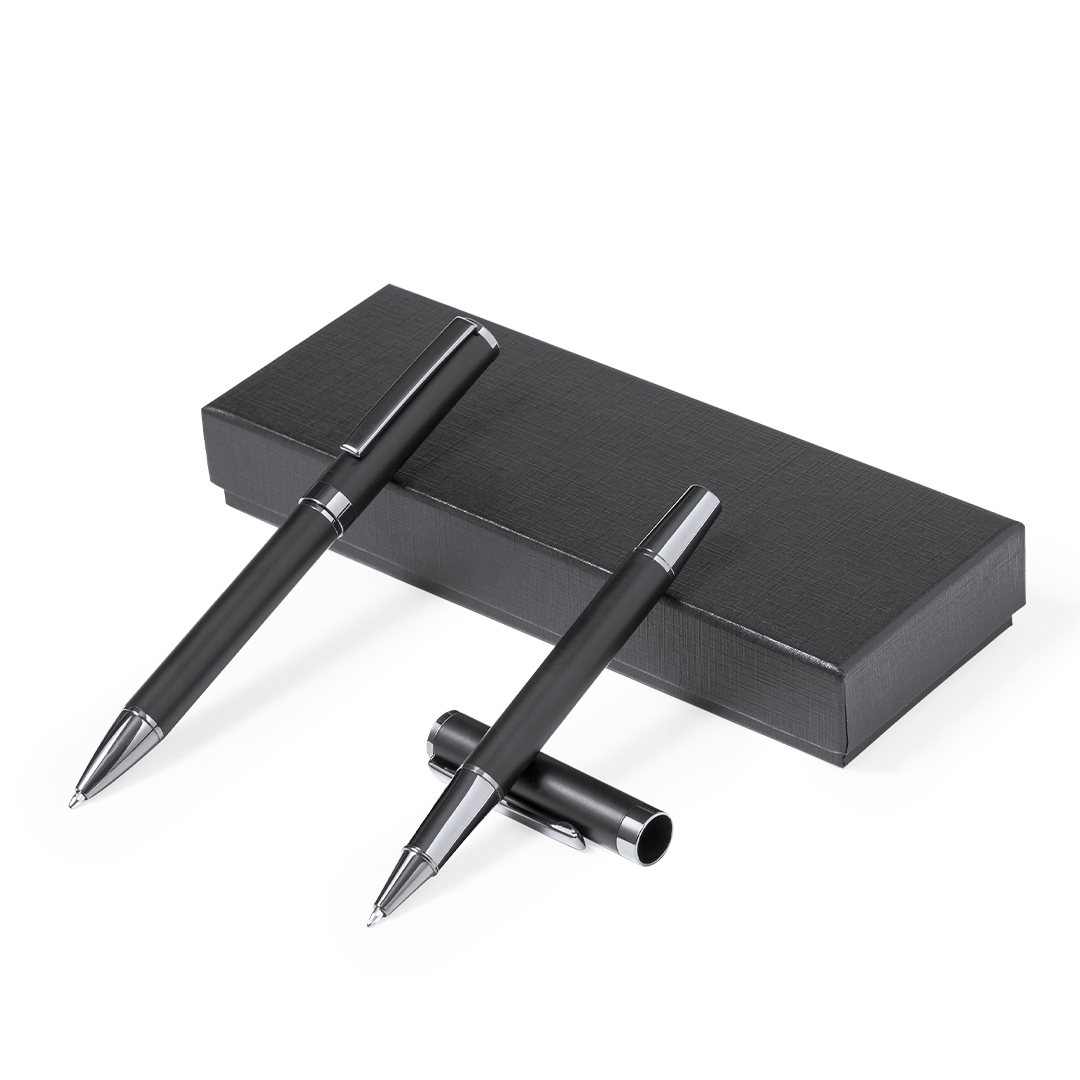 Set personalizado Okonel elegante con bolígrafo y roller en acabado negro mate - Set de escritura personalizados - Regalo Promocional Personalizado