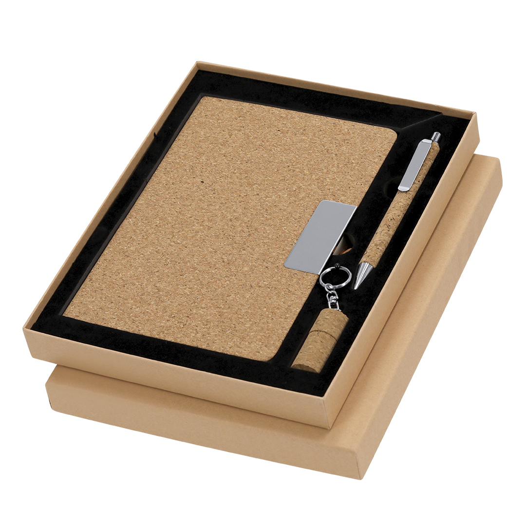 Set personalizado Patrick de corcho con bloc, bolígrafo y USB de 16GB ECO