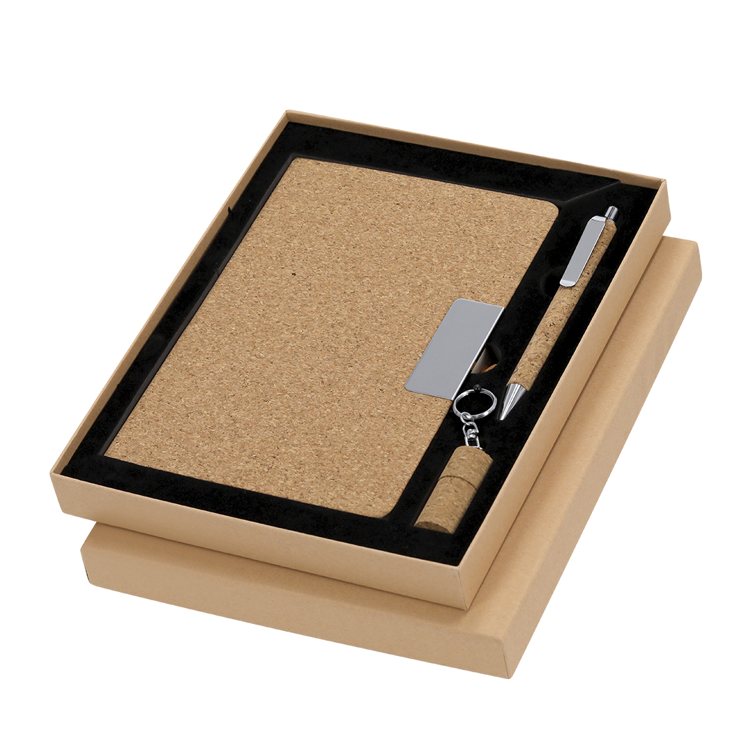 Set personalizado Patrick de corcho con bloc, bolígrafo y USB de 16GB ECO - Set de escritura personalizados - Regalo Promocional Personalizado