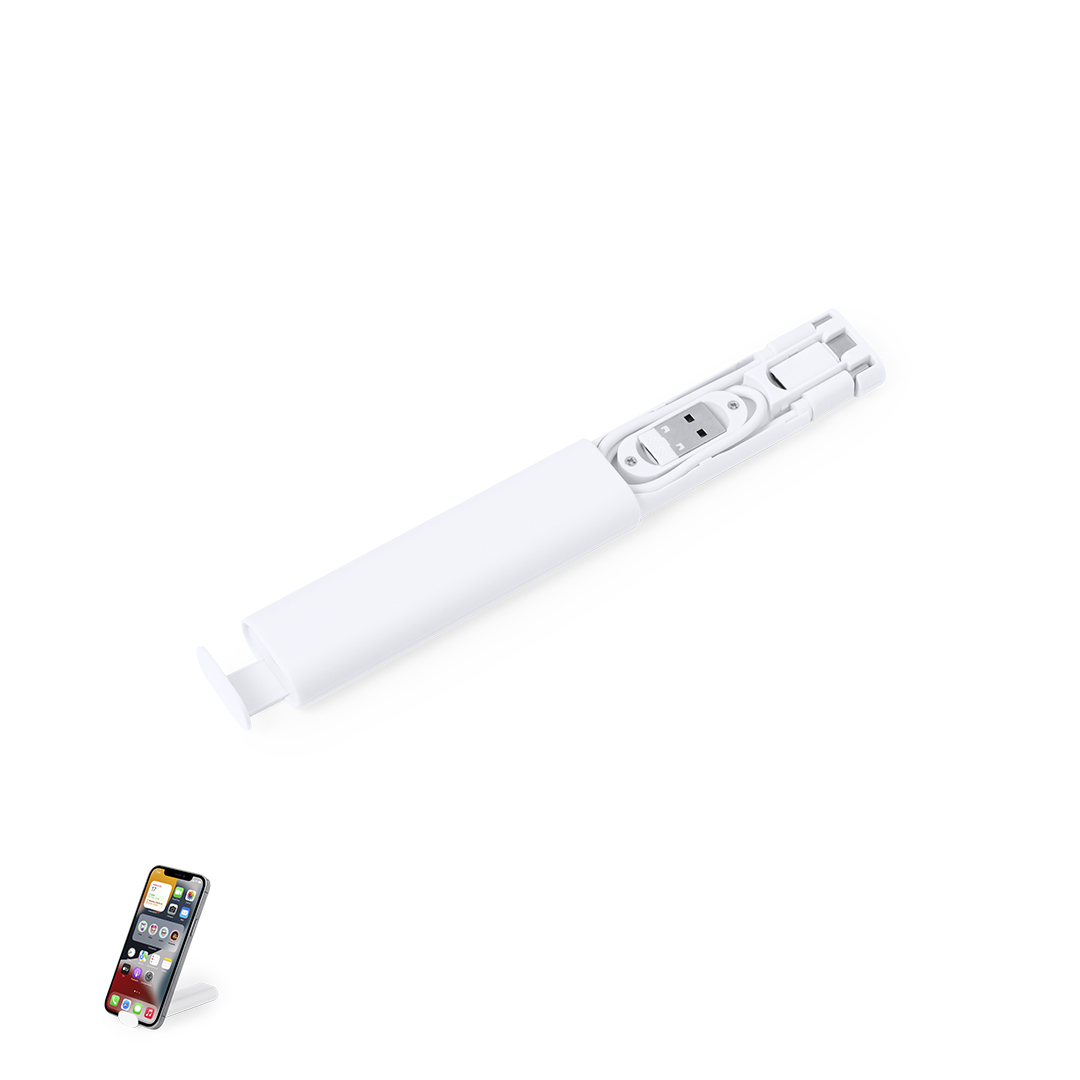 Set cables cargadores personalizado Tich de ABS con soporte smartphone - Viaje - Regalo Promocional Personalizado