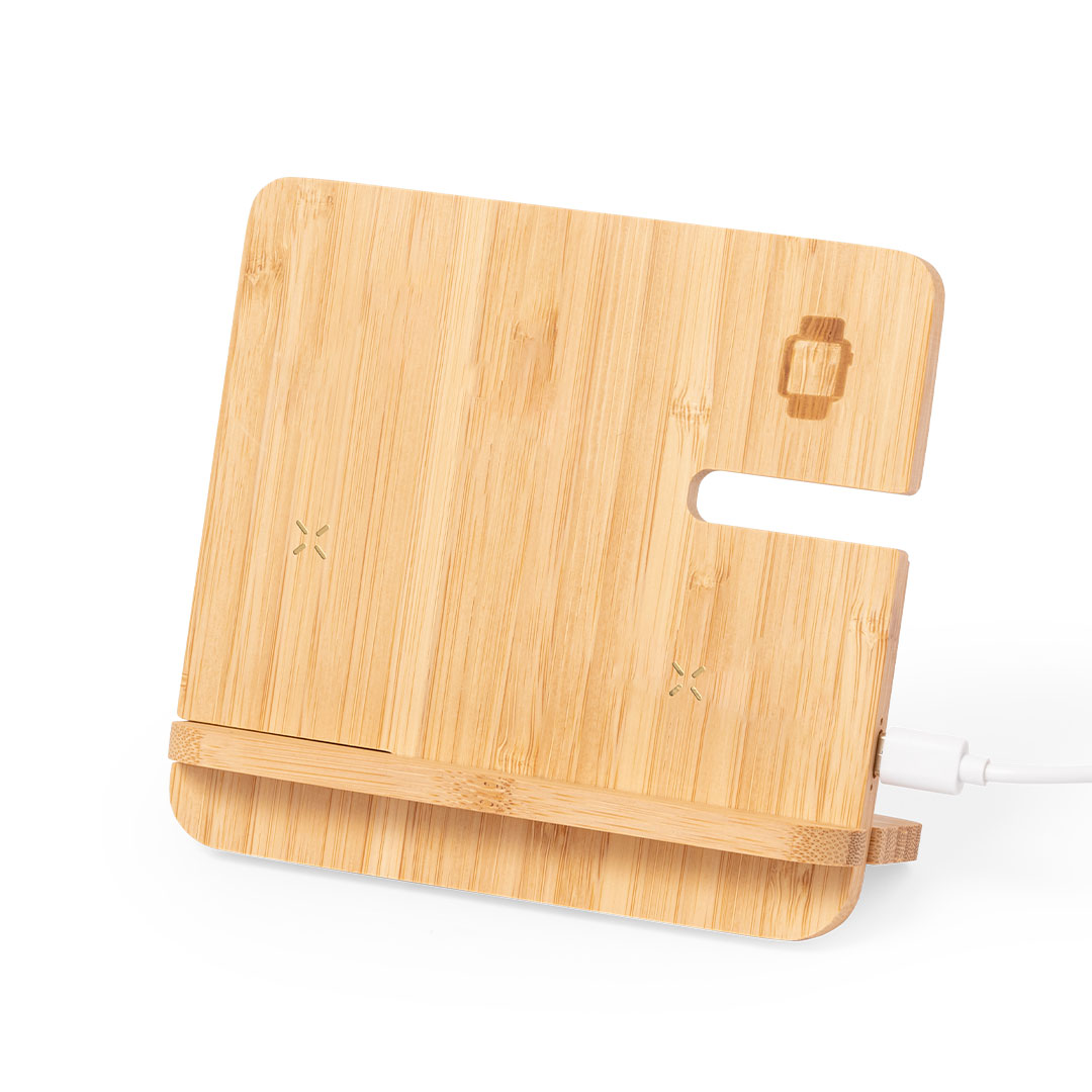 Cargador personalizado Hamsy inalámbrico 15W de bambú multidispositivo