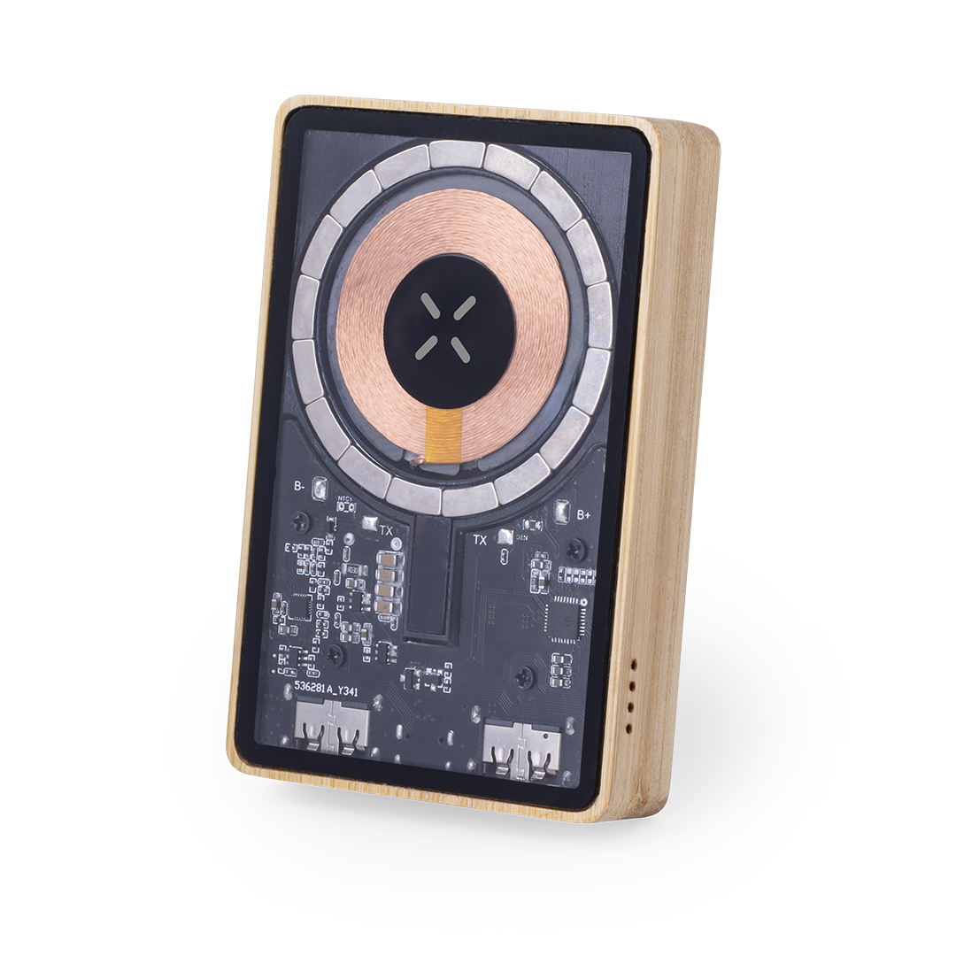 Power Bank personalizada Dominik transparente de bambú con vista interior de 5000mAh