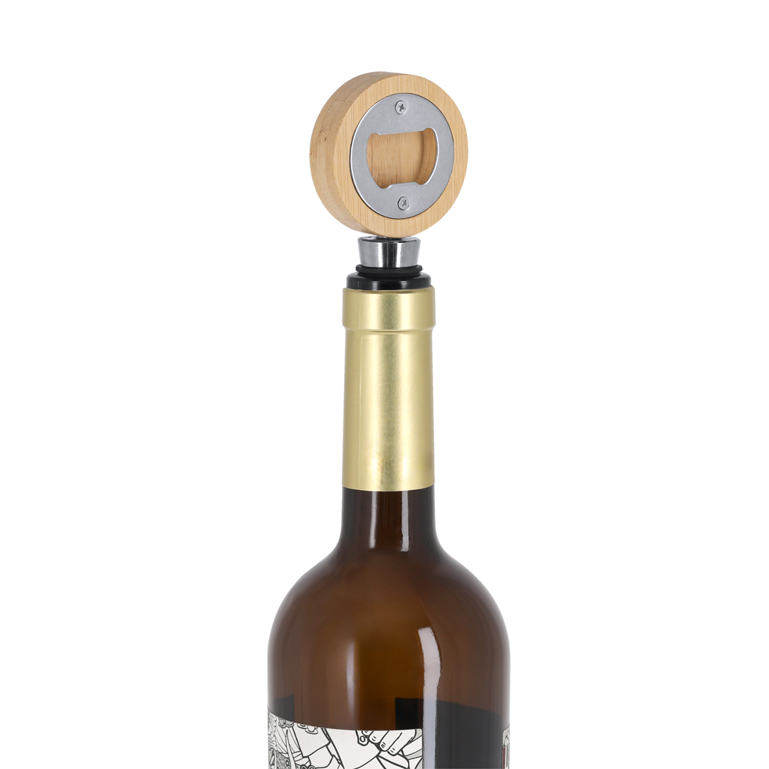 Tapón con abridor personalizado Pomni de bambú y acero inox - Otros accesorios bodega - Regalo Promocional Personalizado - imagen 4