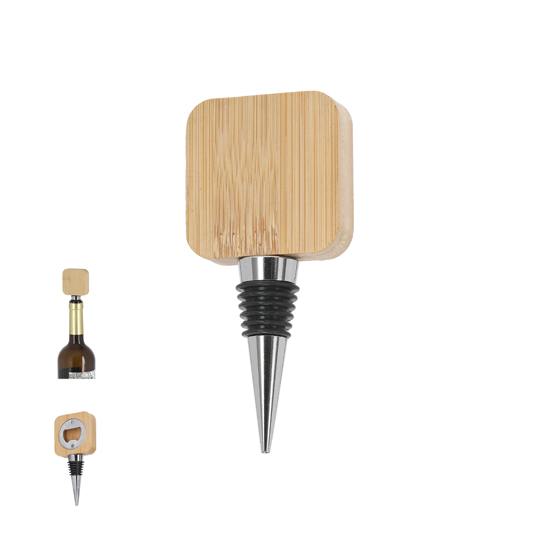 Tapón con abridor personalizado Pomni de bambú y acero inox - Otros accesorios bodega - Regalo Promocional Personalizado