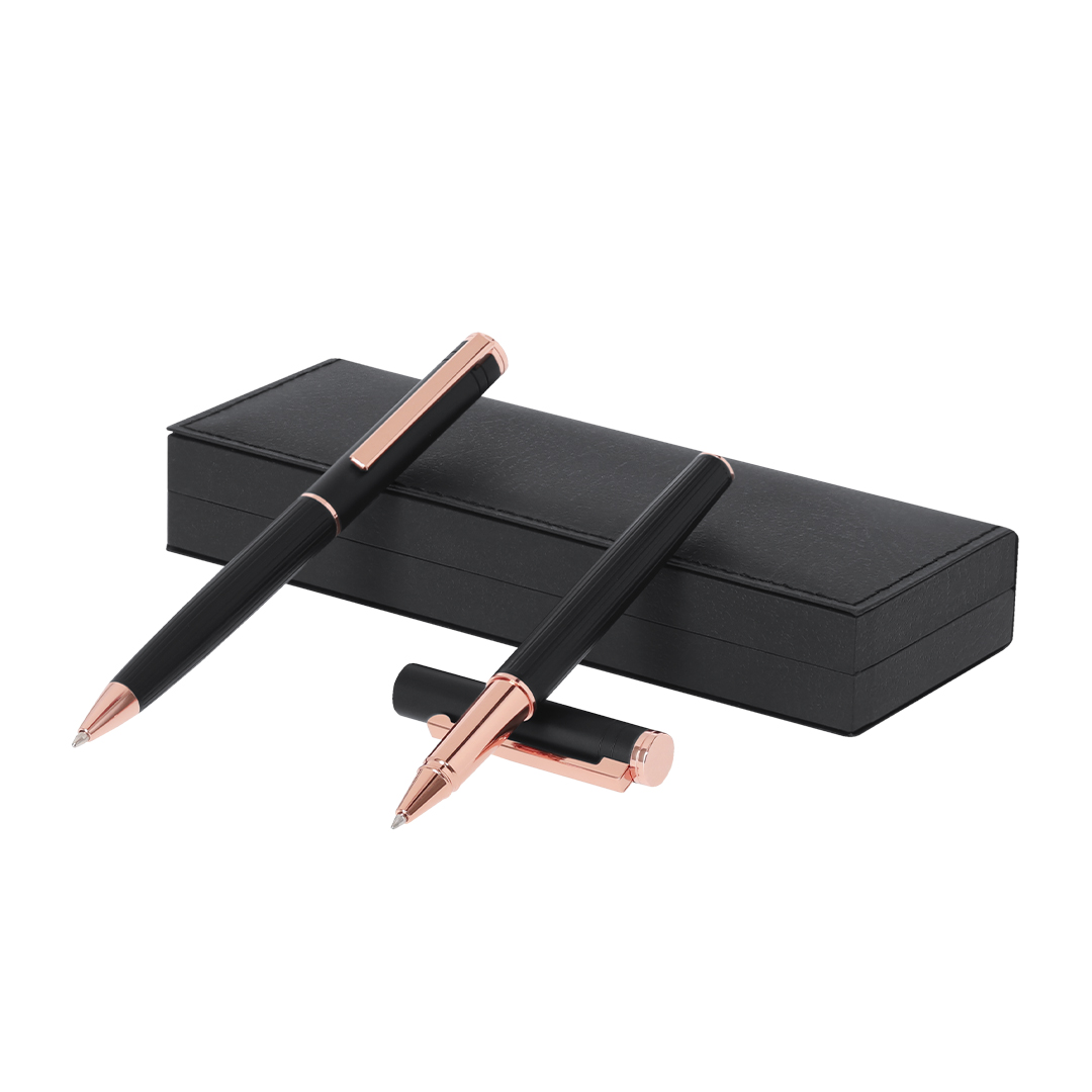 Set bolígrafo y roller personalizado Blexa de aluminio negro mate - Set de escritura personalizados - Regalo Promocional Personalizado