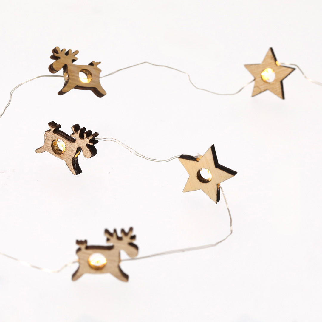 Adorno Plentox guirnalda iluminadade madera con formas de estrella y reno 20 LEDs - Navidad - Regalo Promocional Personalizado - imagen 3
