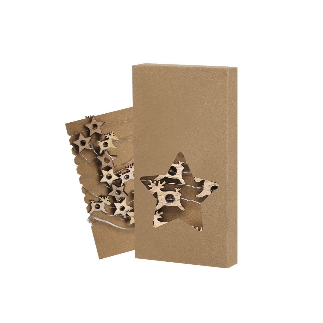 Adorno Plentox guirnalda iluminadade madera con formas de estrella y reno 20 LEDs - Navidad - Regalo Promocional Personalizado