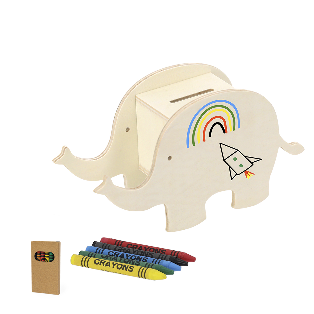 Hucha personalizada Yilmax de madera natural con ceras para personalizar - Niños y Juegos - Regalo Promocional Personalizado