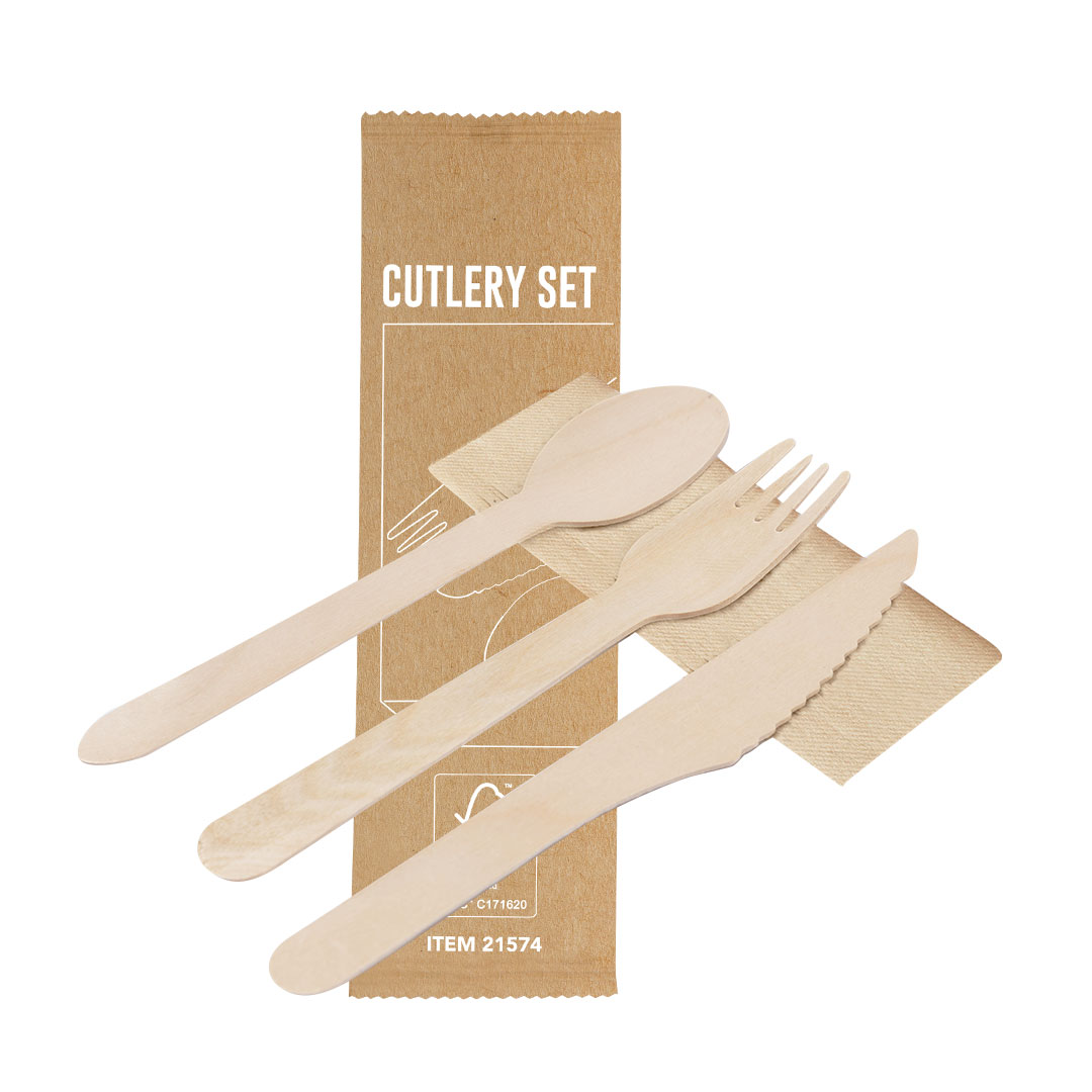 Set cubiedos personalizado Grinox de madera natural con servilleta - Packs de regalo personalizado - Regalo Promocional Personalizado