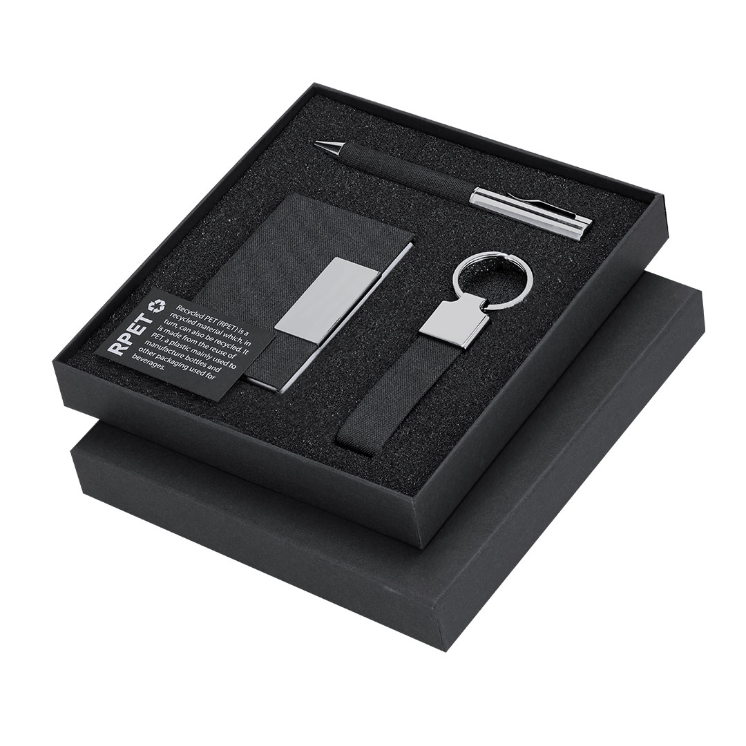 Set personalizado Fraxen de RPET negro con tarjetero y llavero