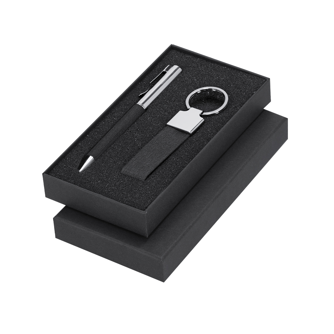 Set personalizado Jayon de RPET negro con llavero cromado - Set de escritura personalizados - Regalo Promocional Personalizado