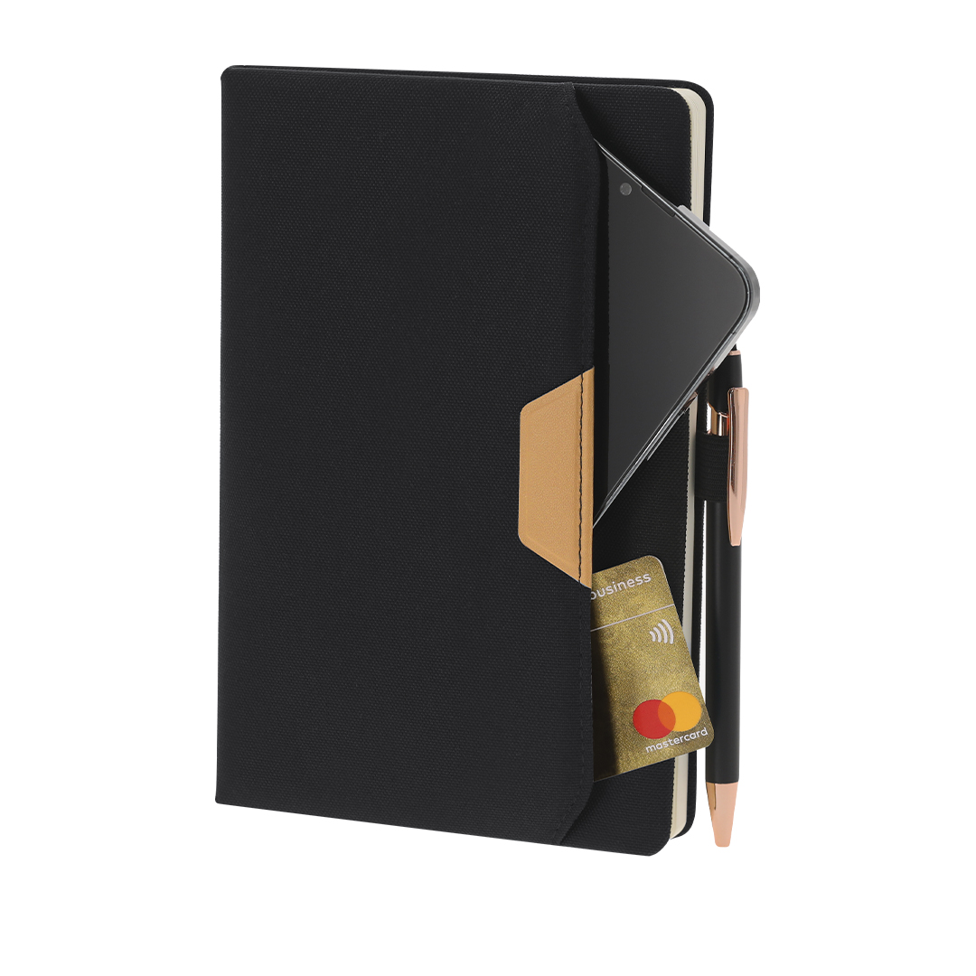 Bloc de notas personalizado Zarek de RPET con bolsillo PU marrón - Oficina - Regalo Promocional Personalizado - vista alternativa