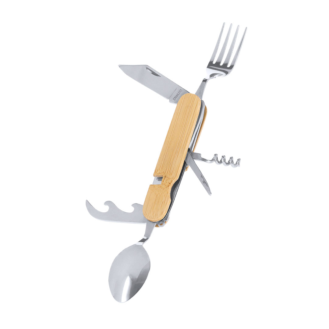 Set cubiertos personalizado Vintar multifuncional de acero inox y bambú