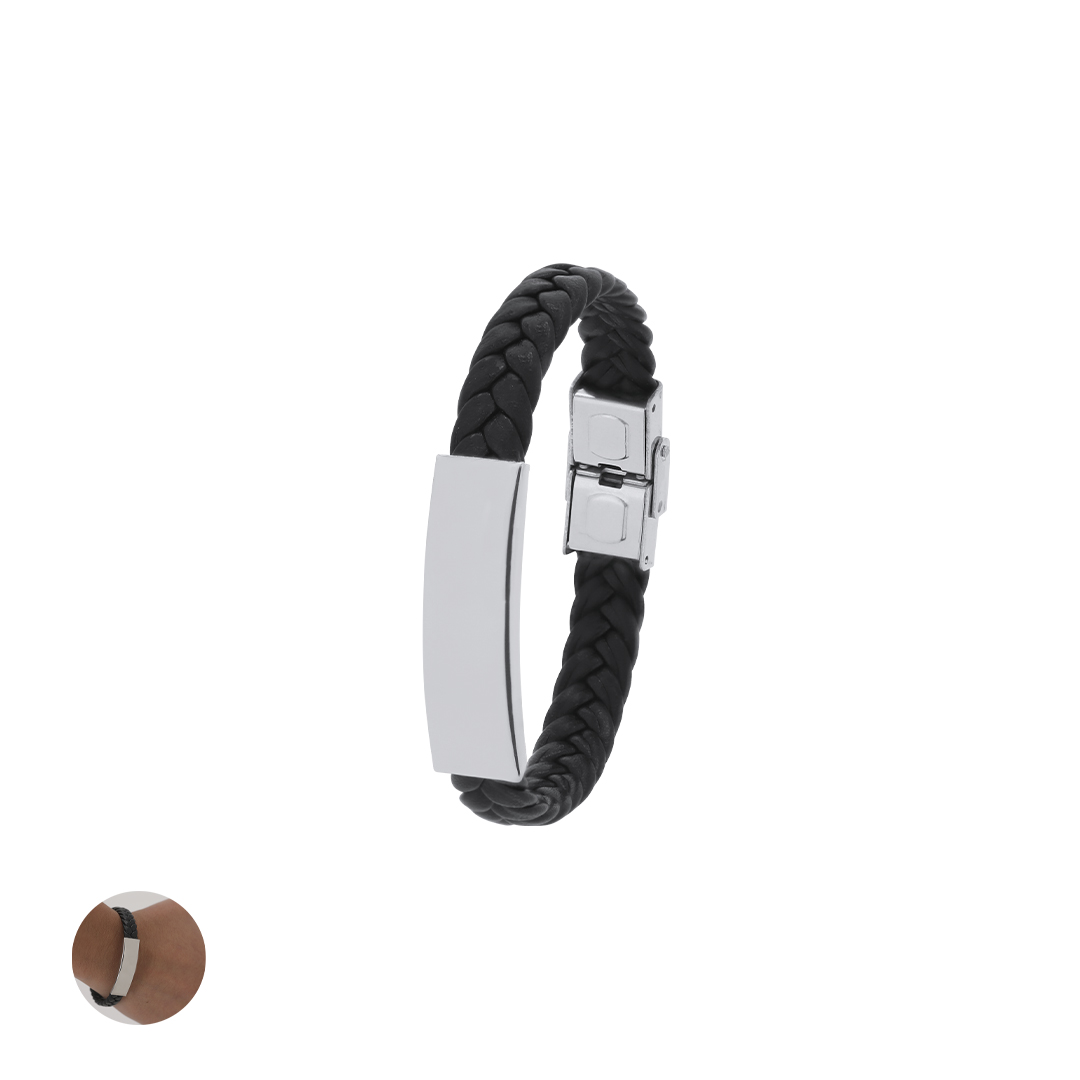 Pulsera personalizada Mubark de piel sintética negra con placa de acero inox - Pulseras personalizadas - Regalo Promocional Personalizado