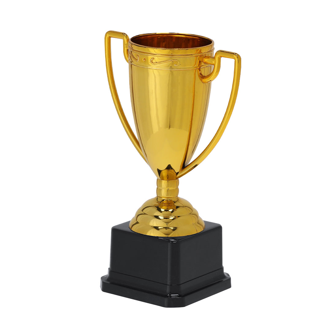 Trofeo personalizado Plinar dorado brillante con asas y base negra
