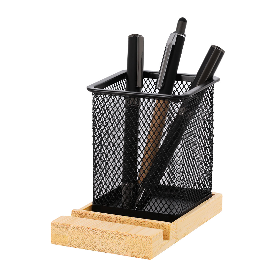 Lapicero soporte personalizado Manish de bambú con malla metálica