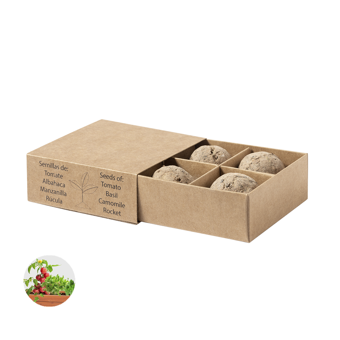 Kit de huerto personalizad Tomarux de cartón reciclado con 4 semillas diferentes - Jardín - Regalo Promocional Personalizado