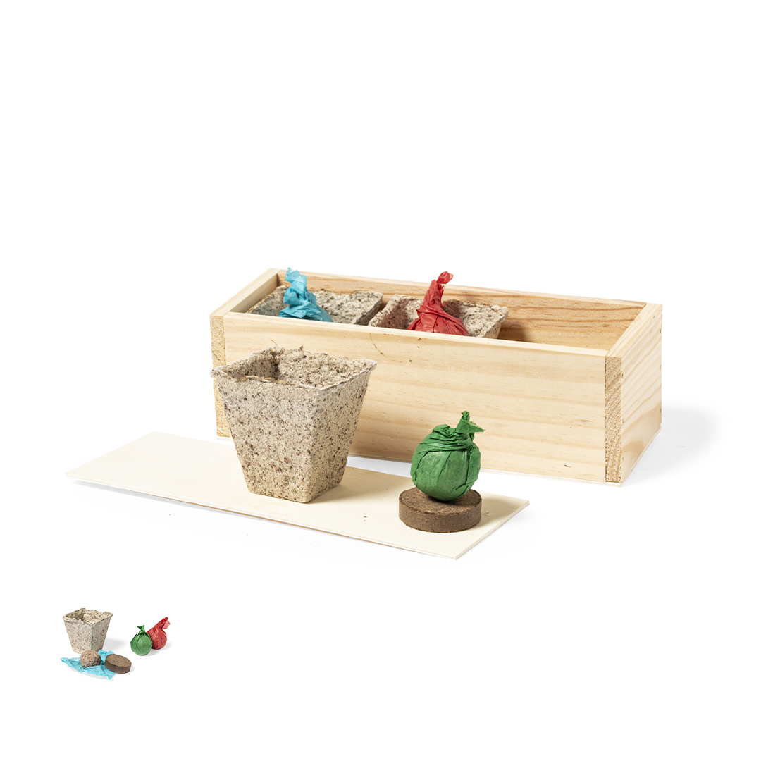 Kit de huerto personalizado Mendrax de madera con semillas cilantro perejil albahaca - Jardín - Regalo Promocional Personalizado