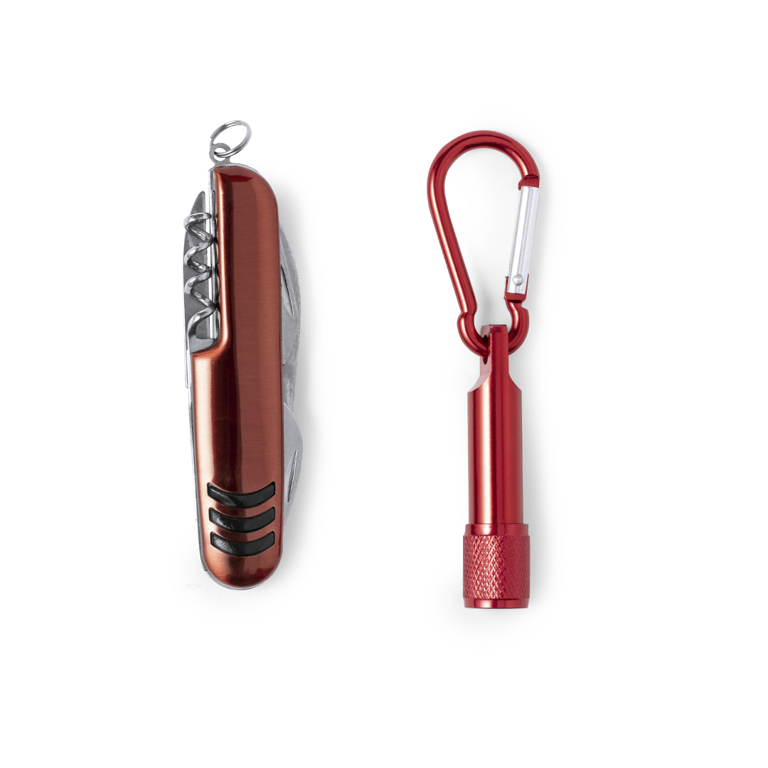 Set con navaja multiusos y linterna mosquetón personalizado Sufli de aluminio