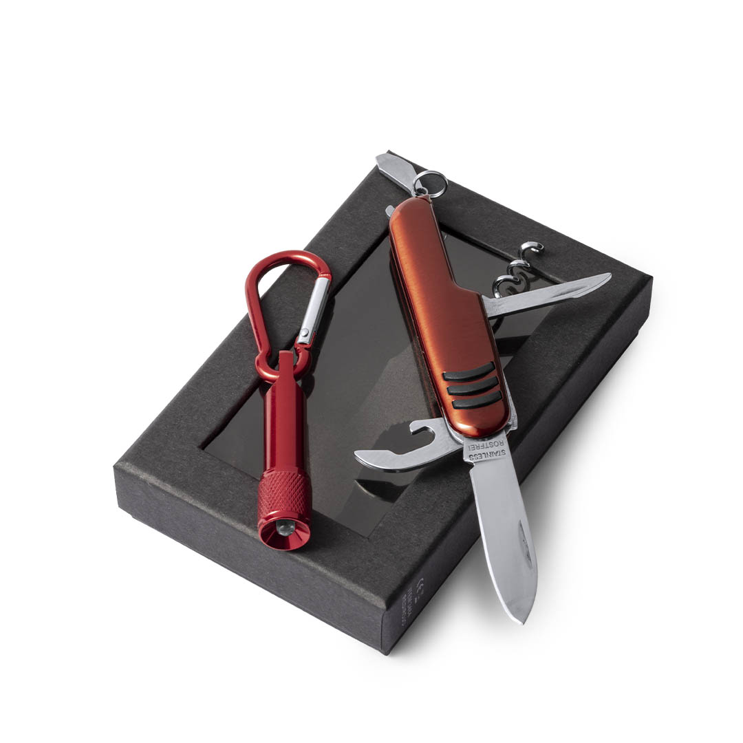 Set con navaja multiusos y linterna mosquetón personalizado Sufli de aluminio - Sets de herramientas - Regalo Promocional Personalizado
