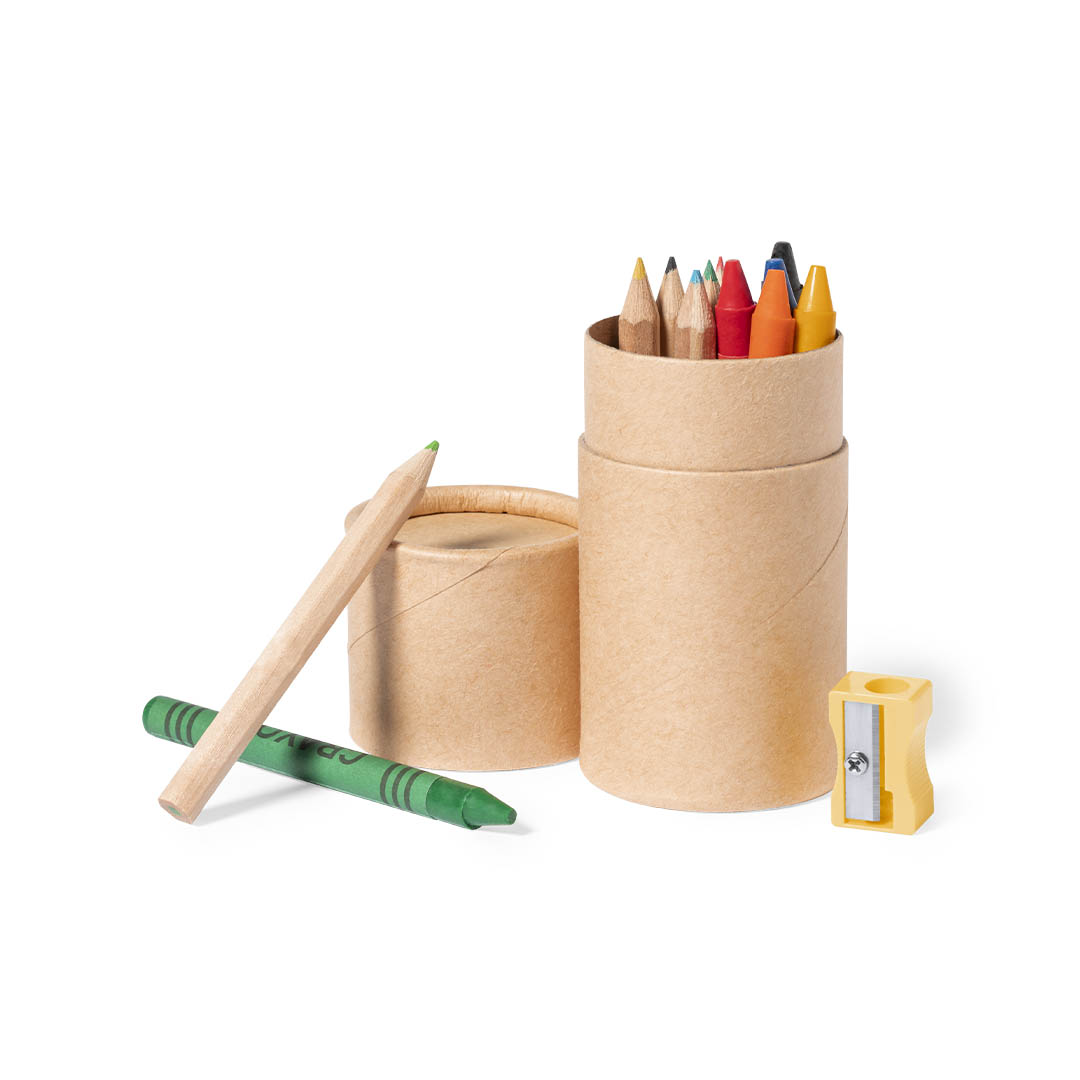 Set personalizado Pixi de 13 piezas con lápices y ceras en cartón natural - Set de escritura personalizados - Regalo Promocional Personalizado