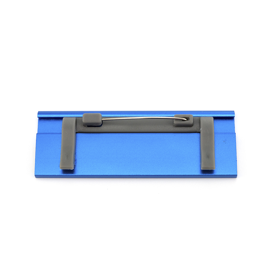 Identificador personalizado Bindel de aluminio con pinza trasera de enganche