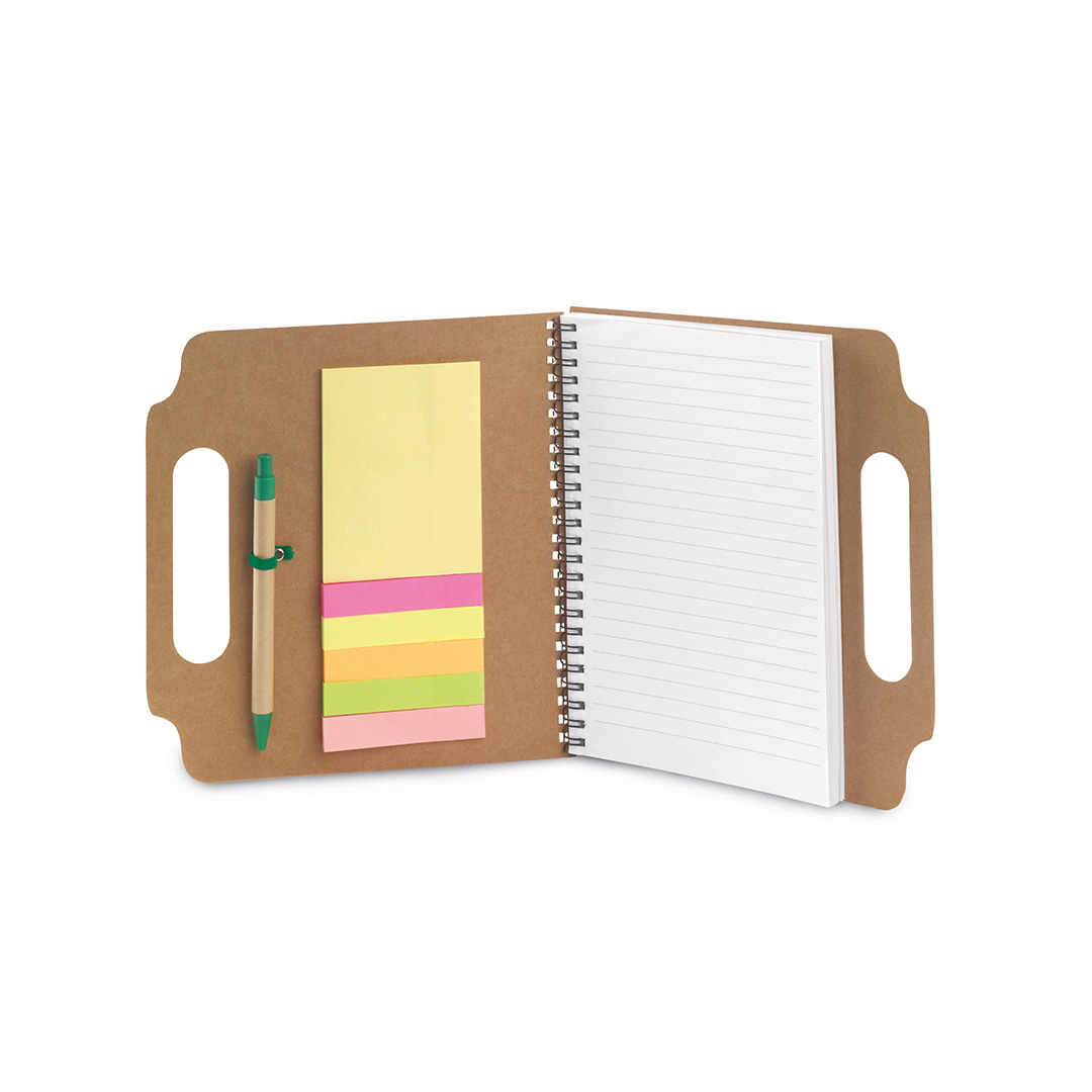 Bloc de notas personalizado Makron adhesivas con anillas y bolígrafo cartón reciclado con asas - Oficina - Regalo Promocional Personalizado