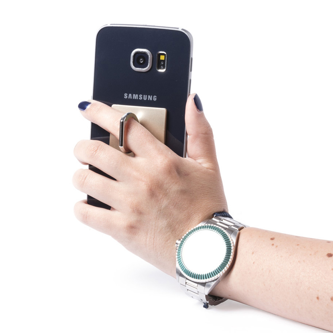 Soporte personalizado Arnold adhesivo para smartphone plateado y dorado