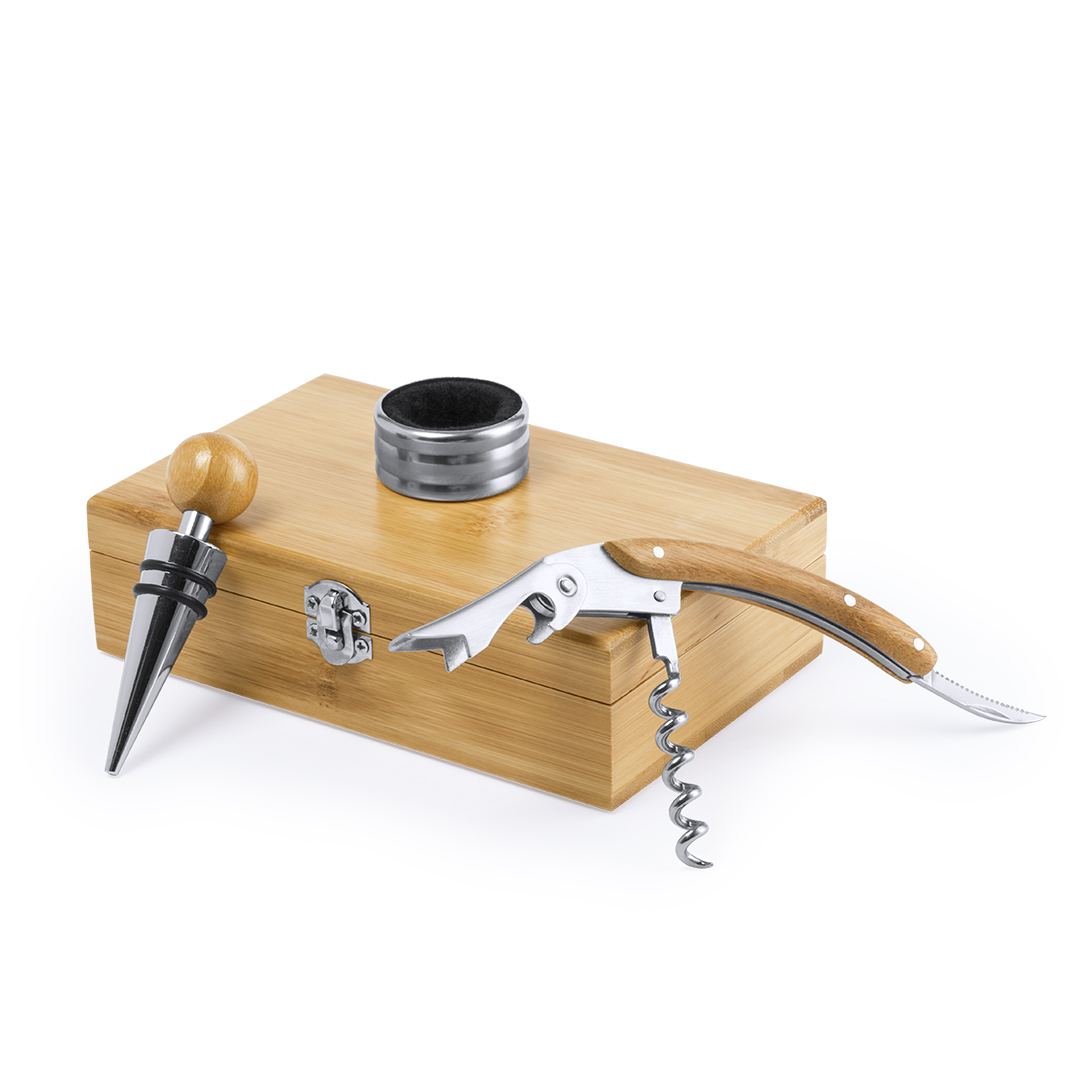 Set de vinos personalizado Nitol de bambú con dosificador y recogegotas