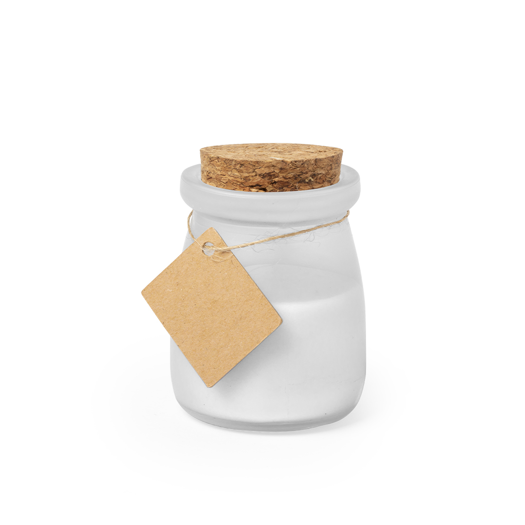 Vela aromática personalizada Tepor de cristal con tapón corcho y etiqueta reciclada