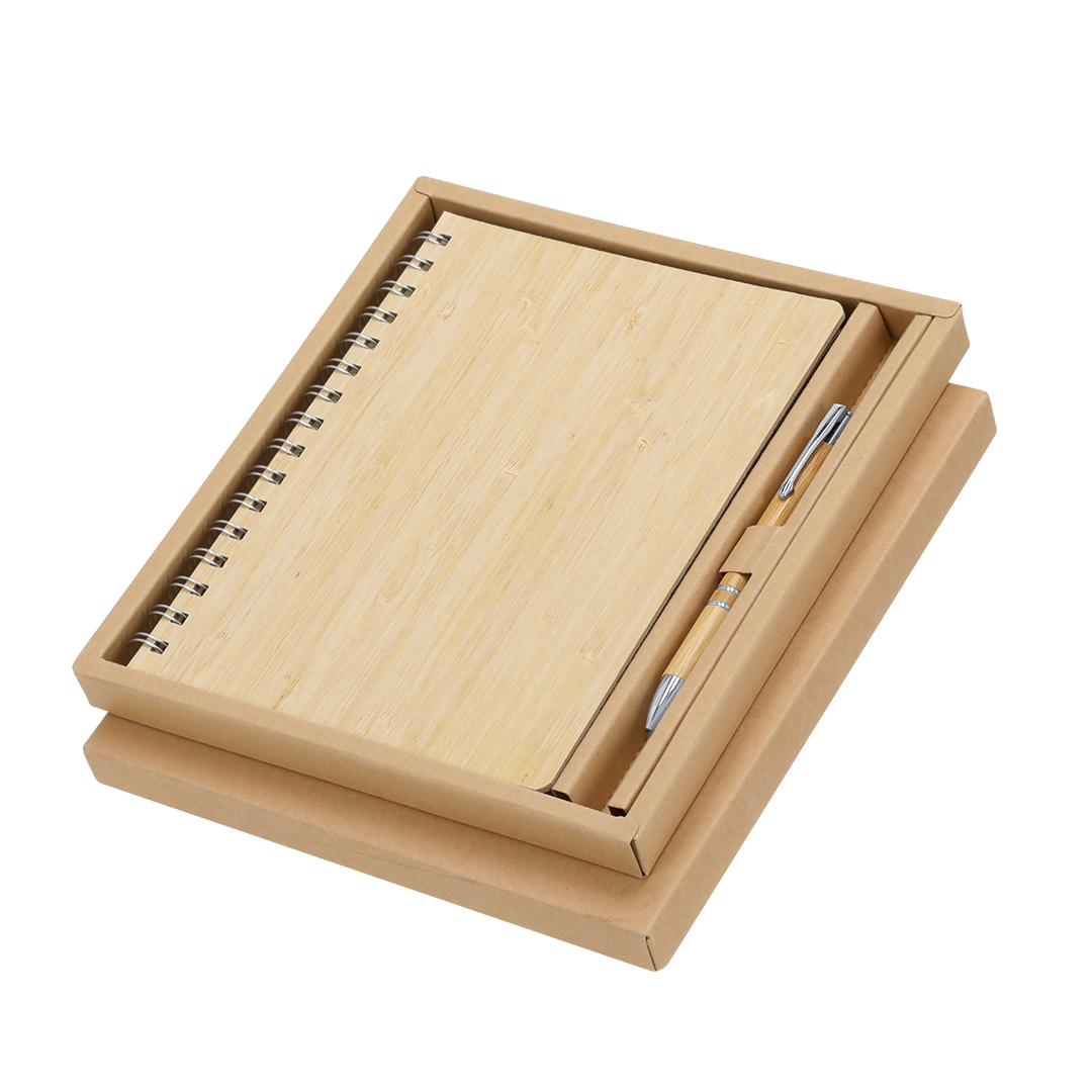 Set libreta y bolígrafo personalizado Hecan de bambú con anillas - Set de escritura personalizados - Regalo Promocional Personalizado
