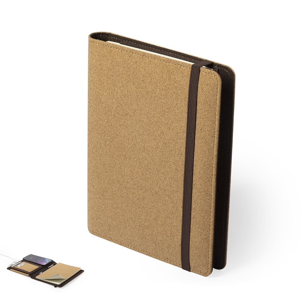 Bloc cargador personalizado Toskan nature en corcho con cargador inalámbrico en contraportada - Tecnología - Regalo Promocional Personalizado