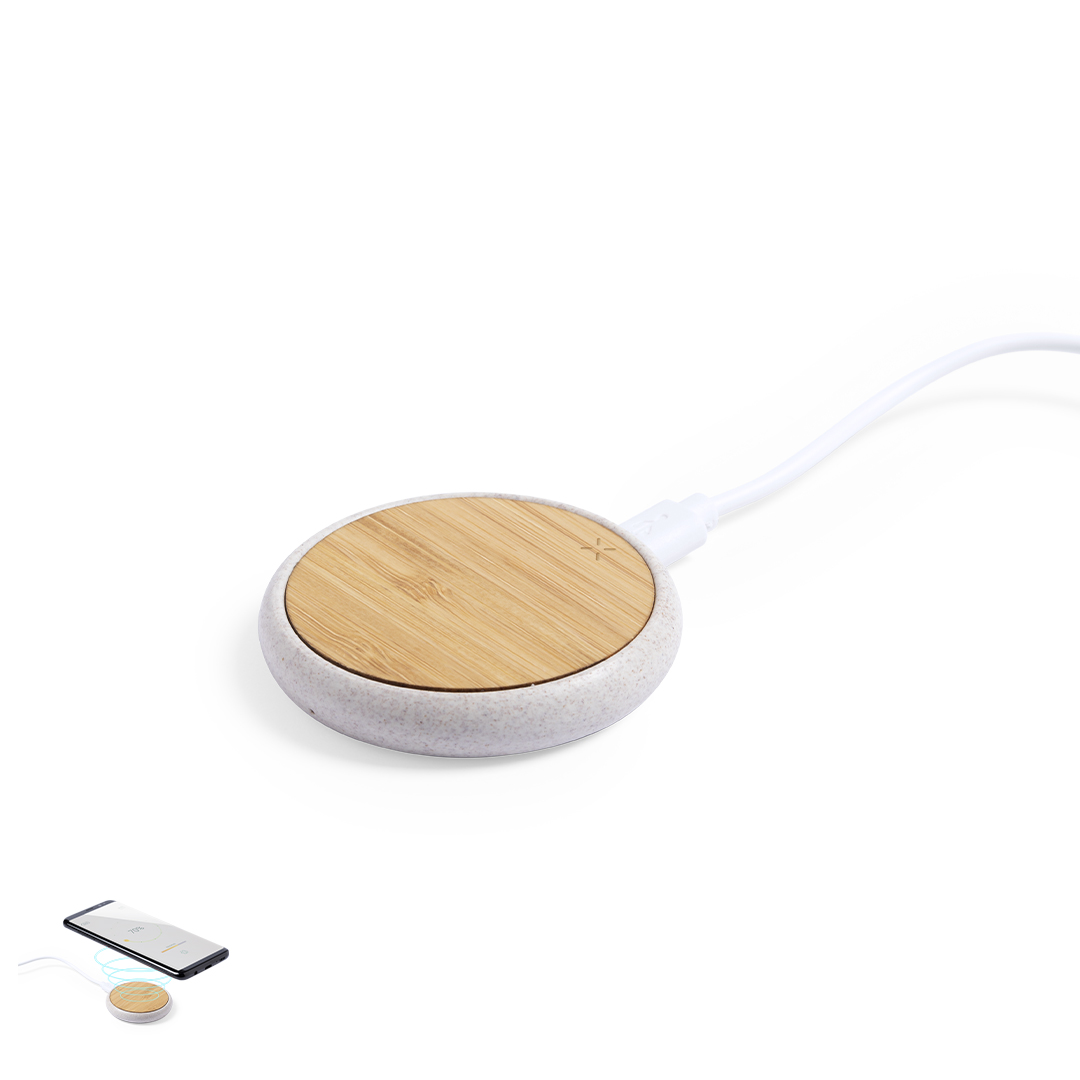 Cargador personalizado Fiore inalámbrico circular de bambú con caña de trigo - Tecnología - Regalo Promocional Personalizado