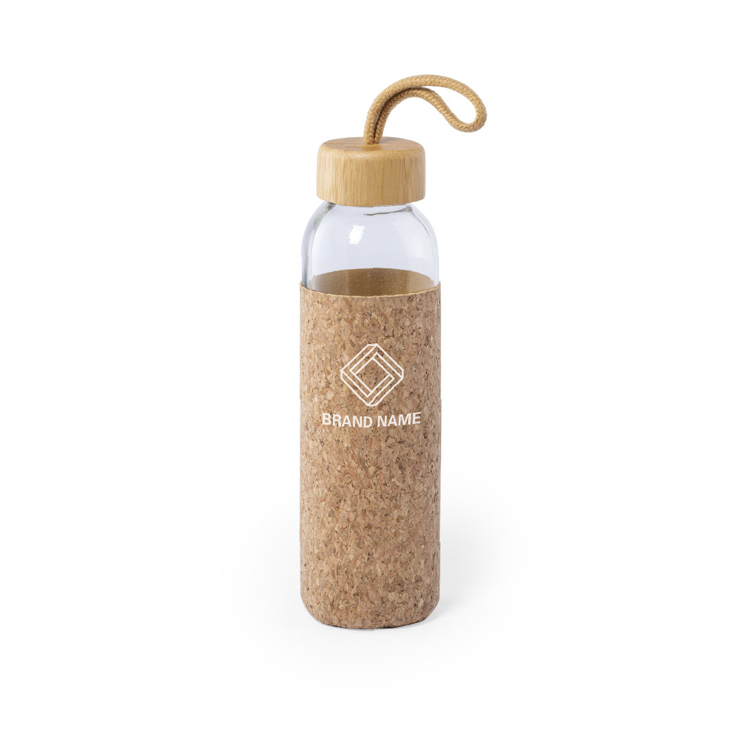 Bidón personalizado Trupak de 500ml nature en cristal con tapón de bambú y funda de corcho