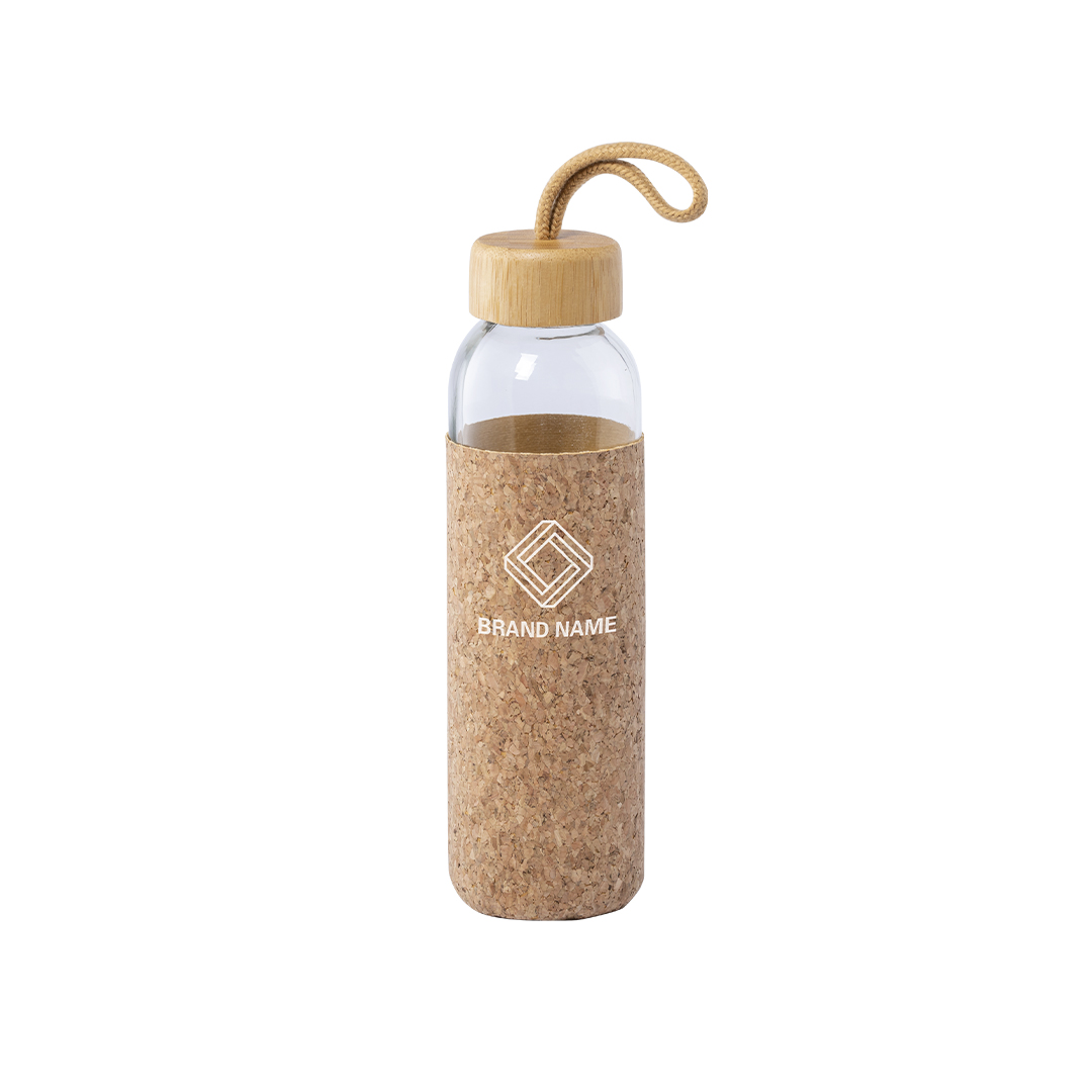 Bidón personalizado Trupak de 500ml nature en cristal con tapón de bambú y funda de corcho - Tazas y botellas - Regalo Promocional Personalizado