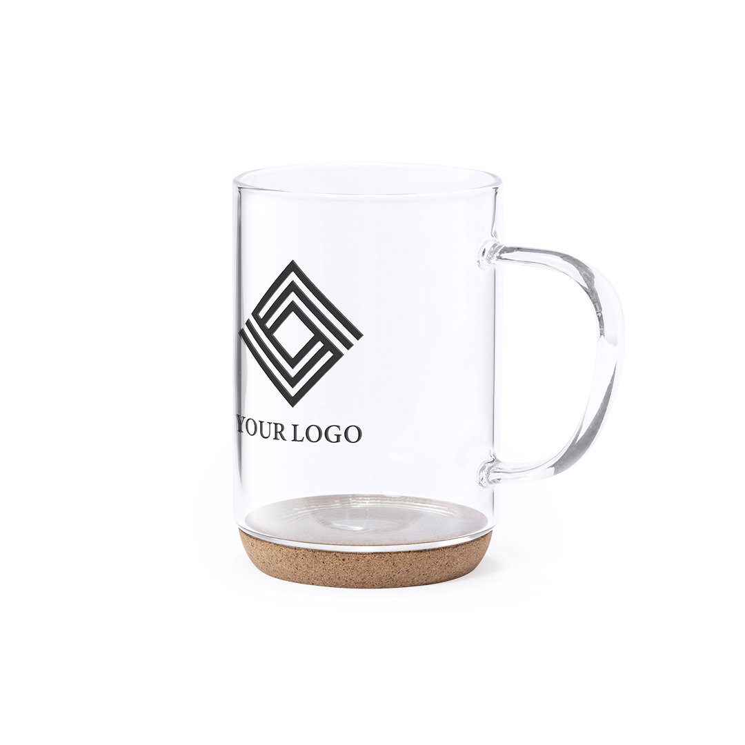 Taza personalizada Hindras de cristal de borosilicato de 450ml con base de corcho